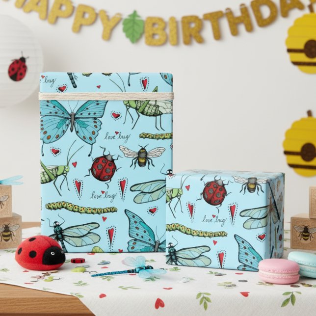 Papel De Presente Insetos de Inseto de Amor Azul e Bonito para Amant (Cute Bugs Insects Wrapping Paper for Kids in Blue. Butterflies, Dragonflies, Ladybugs, Bees, Worms)
