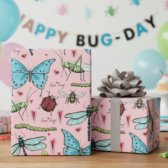 Papel De Presente Insetos de Inseto de Amor Rosa-Bonito para Amantes (Cute Bugs Insects Wrapping Paper for Kids in Pink. Butterflies, Dragonflies, Ladybugs, Bees, Worms)