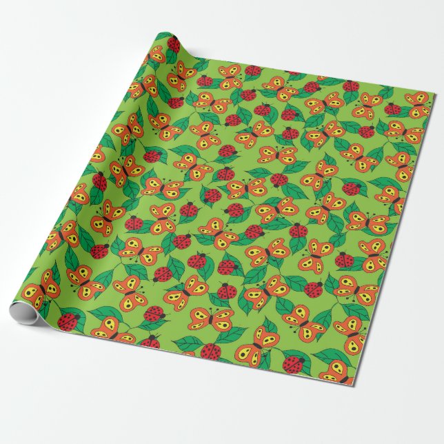 Papel De Presente Insetos fofos, Borboletas e Joaninhas  (Desenrolado)
