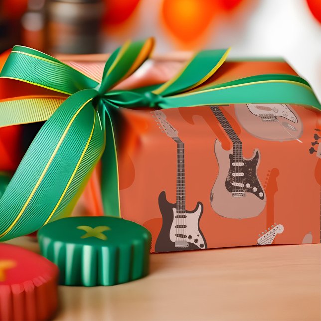 Papel De Presente Instrumentos Musicais Laranja De Padrão De Guitarr (Vintage guitar birthday wrapping paper in retro orange)