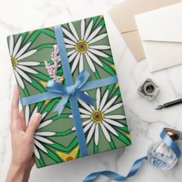 Papel De Presente Interpretação Floral White Daisies, folhas verdes