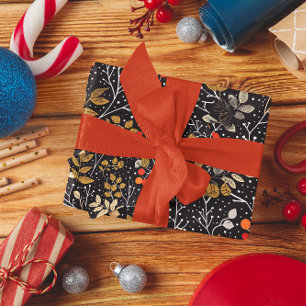 Papel De Presente Intrair Folha e Berry Padrão a Preto