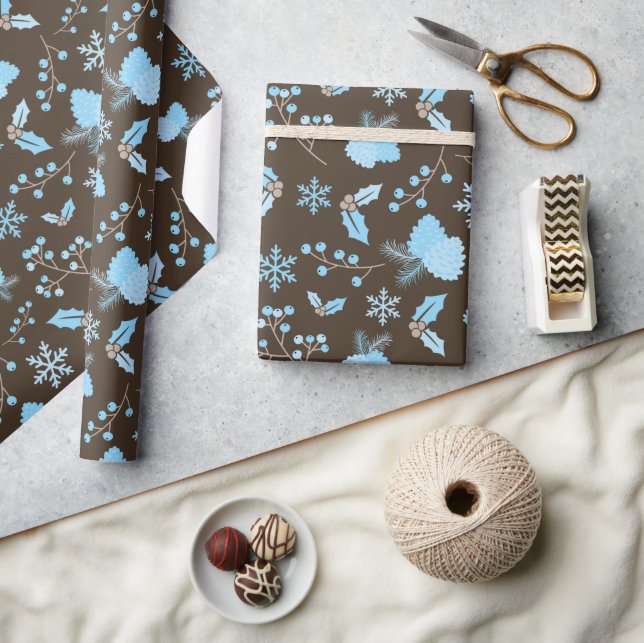 Papel De Presente Inverno Blue Snowflake Mistletoone Pinecone Sem Co (Artesanato)