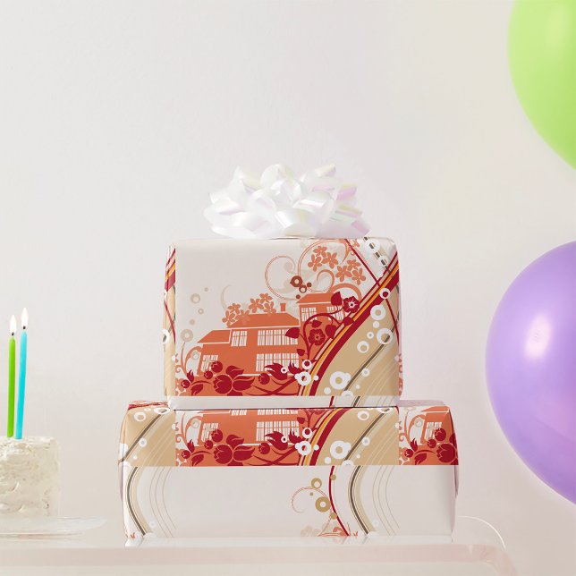 Papel De Presente Inverno de Ilustração de Casa Floral e Padrão Natu (Criador carregado)