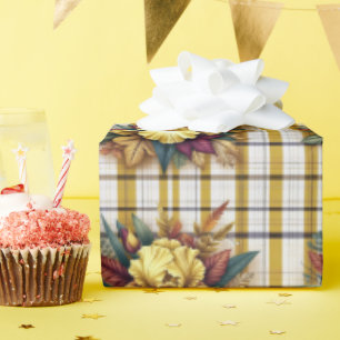 Papel De Presente Íris Amarelo com Folhas de outono no fundo da Xadr