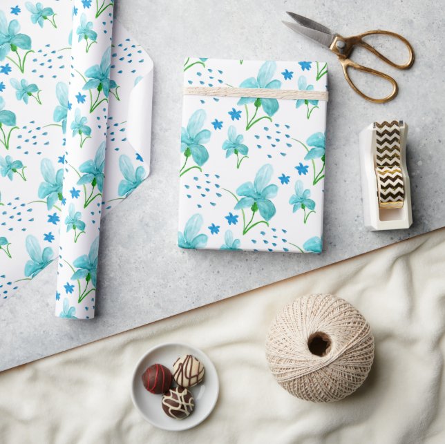 Papel De Presente Íris Azul e flores silvestres Padrão de Aquarela (Artesanato)