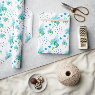 Papel De Presente Íris Azul E Padrão De Aquarela De Flores Silvestre