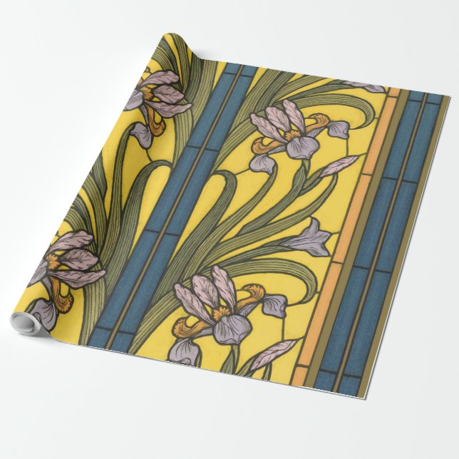 Papel De Presente Iris Flower Art Nouveau Vidro Estampado Azul Doura (Desenrolado)