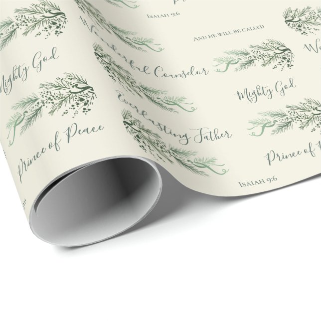Papel De Presente Isaiah 9:6 Christian Modern Script Pine Natal (Ponta do rolo)