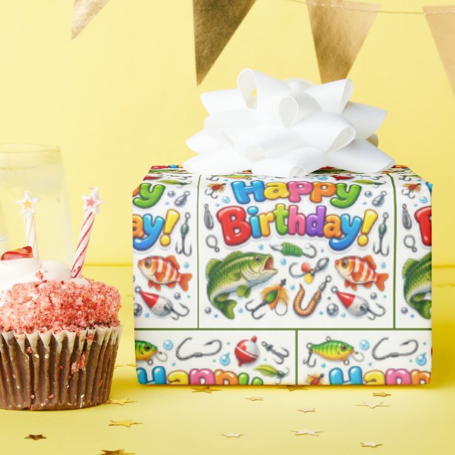Papel De Presente Isca e Anzol Feliz Aniversário (Festa de aniversário)