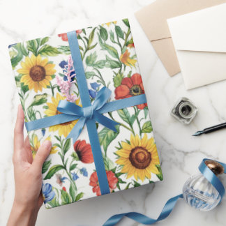 Papel De Presente Italian Blue Red Yellow Sunflowers Floral Birthday