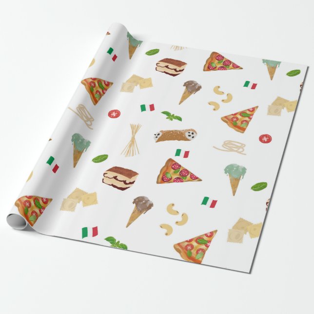 Papel De Presente Italian Food Pizza Pasta Tiramisu Pattern (Desenrolado)