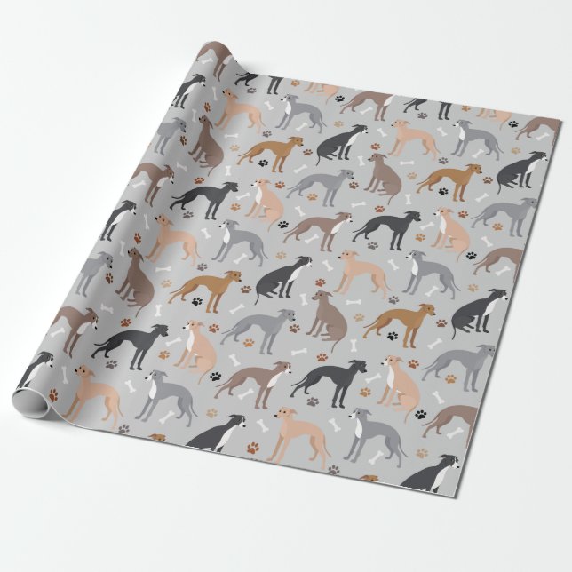Papel De Presente Italian Greyhound Dog Bones and Paws Wrapping Pape (Desenrolado)