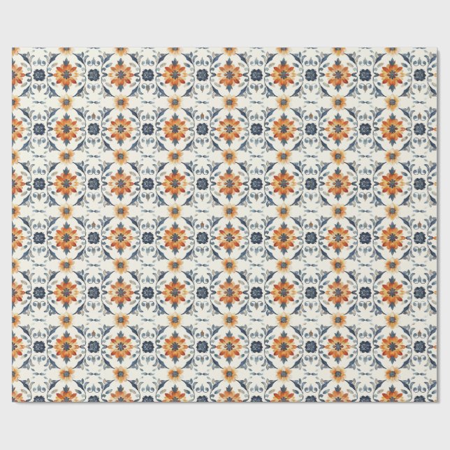 Papel De Presente Italian Tile Gift Wrap, Terracotta Blue Pattern (Aberto)