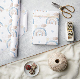 Papel De Presente Ivory Blue Taupe Boho Rainbow Clouds Star Boy Gift