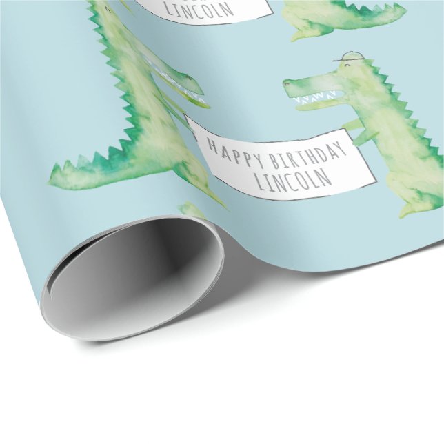 Papel De Presente Jacaré pintado à aguarela e sinal personalizado (Ponta do rolo)