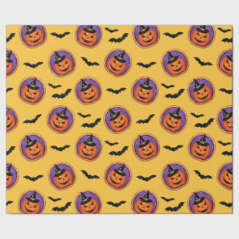 Papel De Presente Jack-O-Lanterna e Morcegos Amarelo