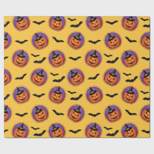 Papel De Presente Jack-O-Lanterna e Morcegos Amarelo