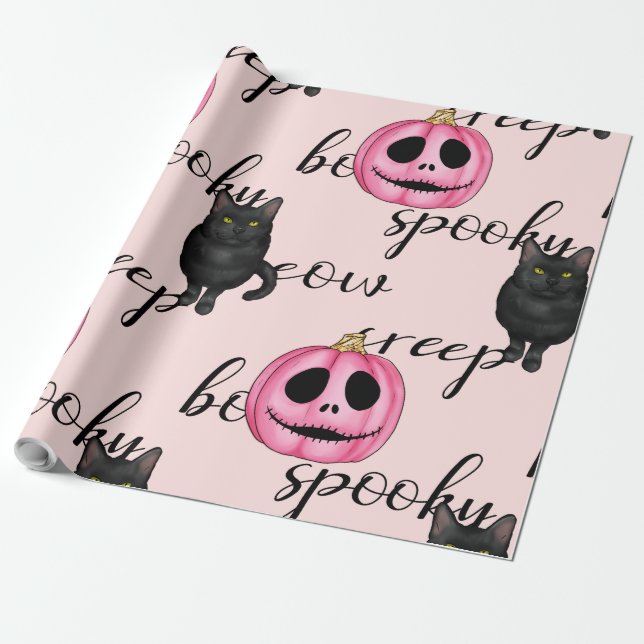 Papel De Presente Jack O-Lanterna Rosa e Gato Negro (Desenrolado)