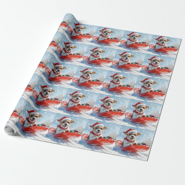 Papel De Presente Jack Russell Dog em Sledge Deixe-o nevar no Natal (Desenrolado)