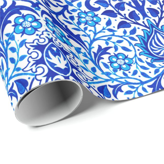 Papel De Presente Jacobean Floral Damask, Cobalt Azul e Branco (Ponta do rolo)