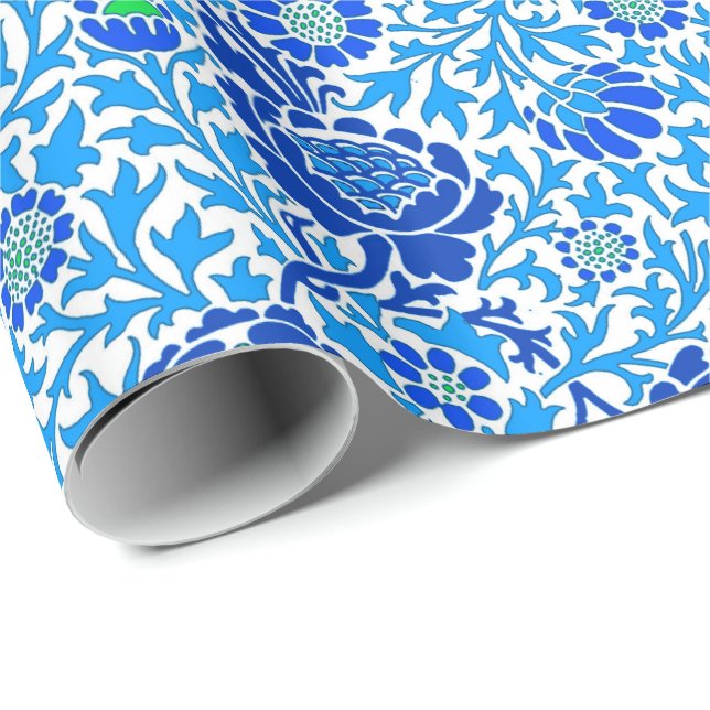 Papel De Presente Jacobean Floral Wallpaper, Marinho e azul-cerulian (Ponta do rolo)