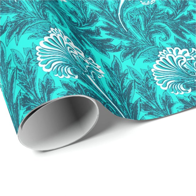 Papel De Presente Jacobean Flower Damask, Turquoise e Teal Blue (Ponta do rolo)