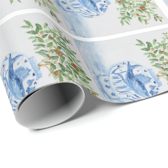 Papel De Presente Jar de gengibre branco e azul pintado à mão (Ponta do rolo)