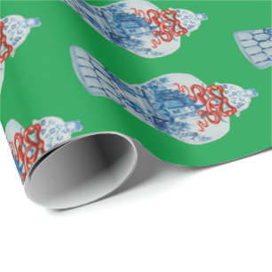 Papel De Presente Jar de gengibre branco e azul pintado à mão de N