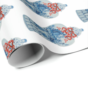Papel De Presente Jar de gengibre branco e azul pintado à mão de N