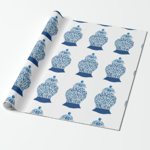 Papel De Presente Jar Ginger Azul e Branco pintado à Mão