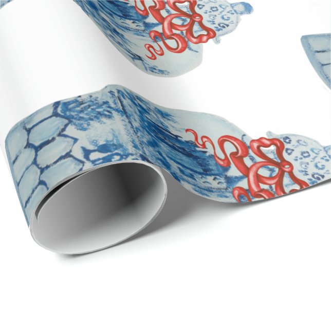 Papel De Presente Jar Pintado de Natal Azul e Branco (Ponta do rolo)