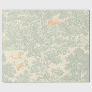 Papel De Presente Jardim Asiático Botânico com Grou em Toile de Chin