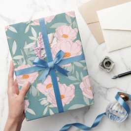 Papel De Presente Jardim Azul Turquesa Rosa