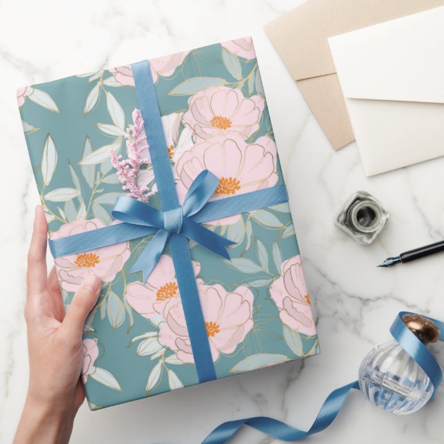 Papel De Presente Jardim Azul Turquesa Rosa (Presentear)
