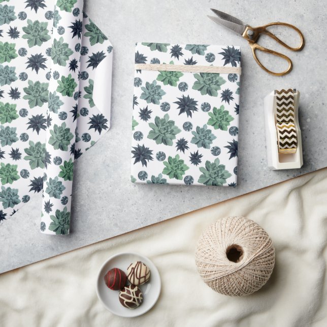 Papel De Presente Jardim Botânico Cactos de Teal Azul Verde em Branc (Artesanato)