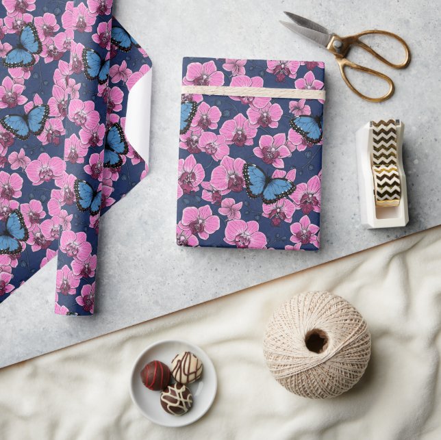 Papel De Presente Jardim Botânico de Orquídeas com Borboletas (Artesanato)