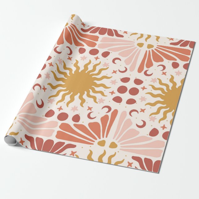 Papel De Presente Jardim Celestial Boho Sol e Lua (Desenrolado)