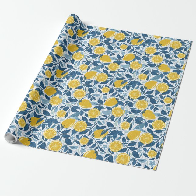Papel De Presente Jardim da Zistia Lemon - Amarelo brilhante e azul (Desenrolado)