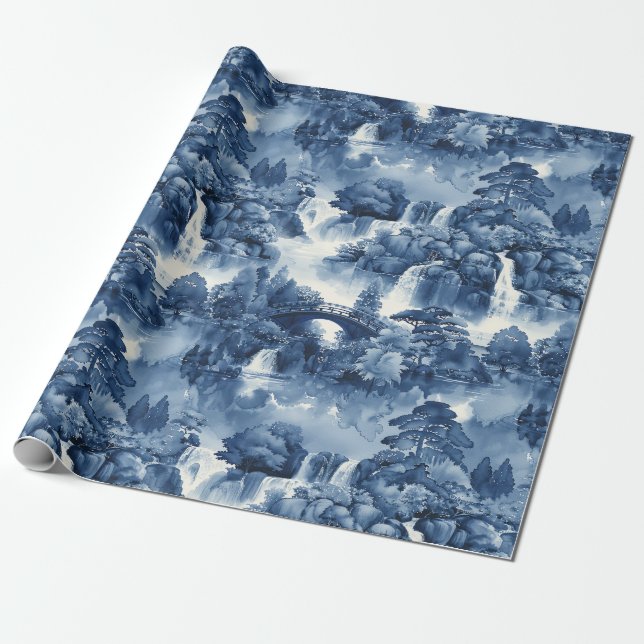 Papel De Presente Jardim d'água japonês em porcelana branca azul (Desenrolado)