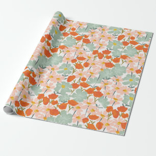 Papel De Presente Jardim de belas flores desenhadas à mão, cor-de-