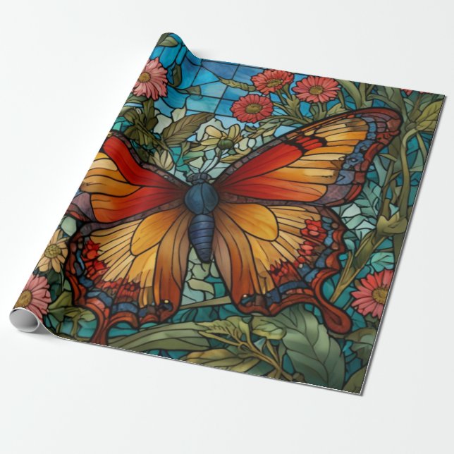 Papel De Presente Jardim de borboletas em vitral elegante (Desenrolado)