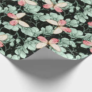 Papel De Presente Jardim de Borboletas Encantado Floral Escuro Aquar