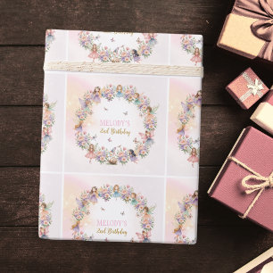 Papel De Presente Jardim de fadas florais caprichoso para aniversári
