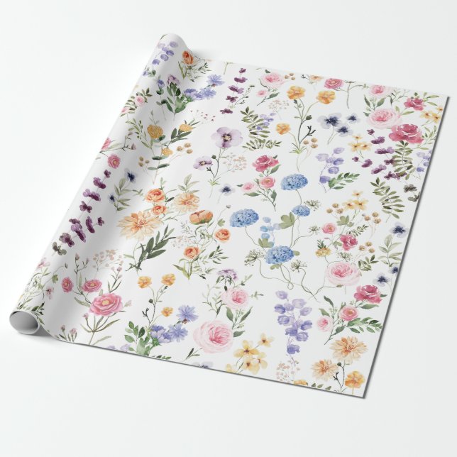 Papel De Presente Jardim de Flores de Prado Selvagem de Primavera co (Desenrolado)