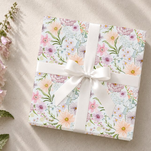 Papel De Presente Jardim de Flores Silvestres em Aquarela com Pastéi (Criador carregado)