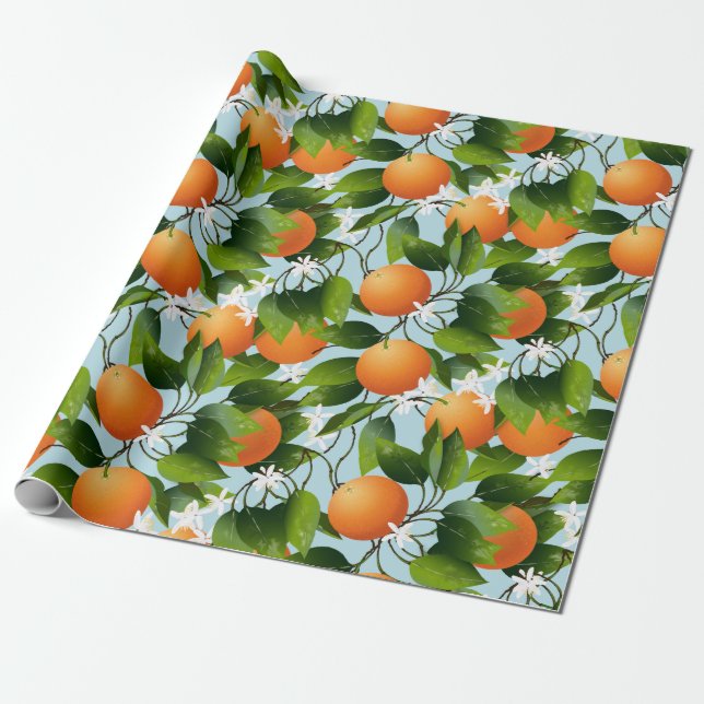 Papel De Presente Jardim de Fruta Floral de Laranjas (Desenrolado)