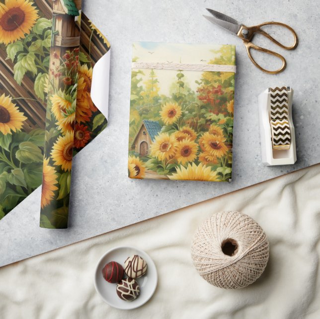 Papel De Presente Jardim de Girassóis Casas de Pássaros (Artesanato)