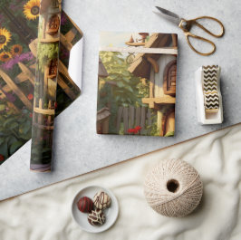 Papel De Presente Jardim de Girassóis Casas de Pássaros
