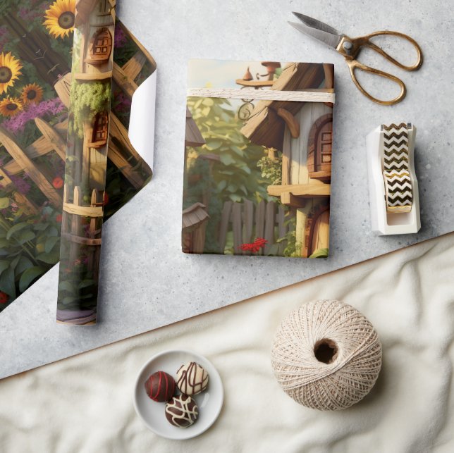 Papel De Presente Jardim de Girassóis Casas de Pássaros (Artesanato)